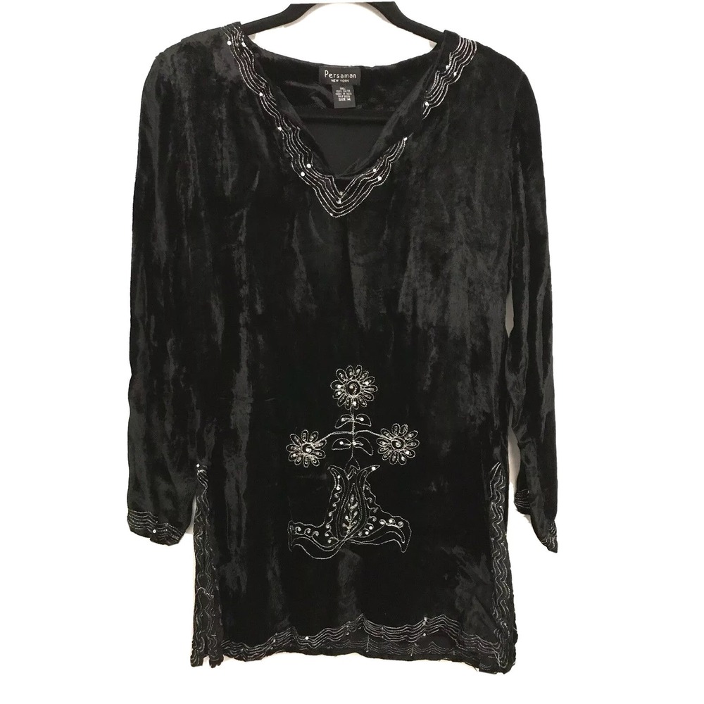 Womens Tunic Top Sparkle Embellished Black Silver Sz M Holiday Party Persaman NY